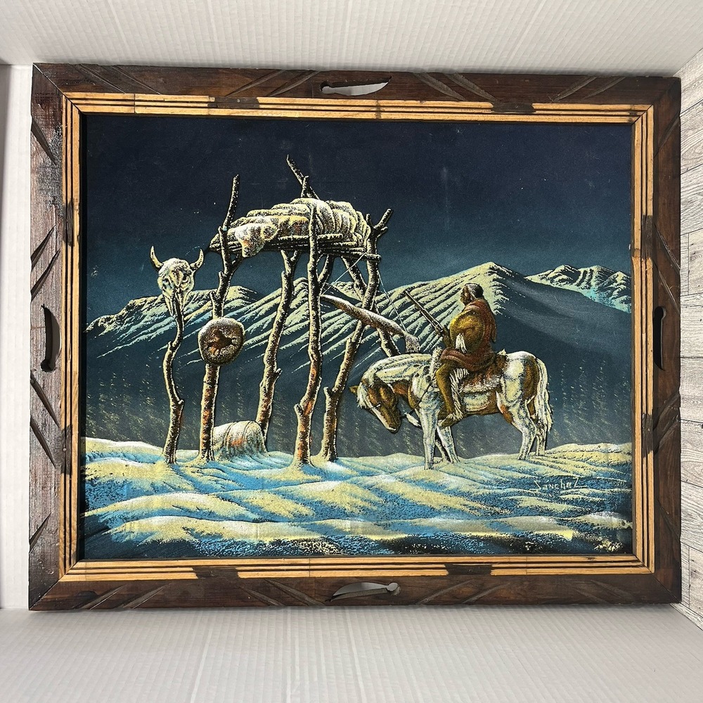 Vintage Ernesto Sanchez Black Velvet Painting Native American Warrior Horse 23"
